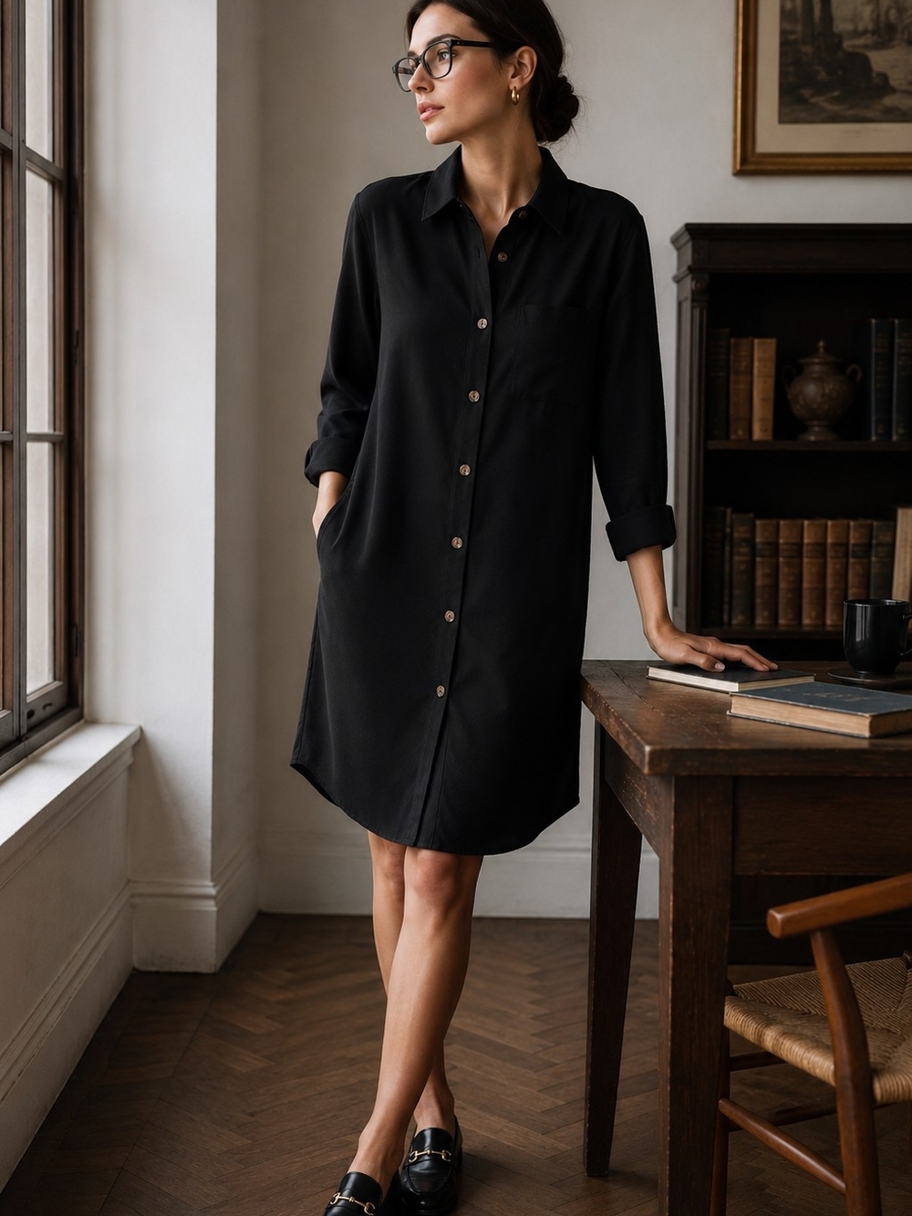 Hudson North Black Shirt Dress L Dark Academia Minimalist Button Front Collar